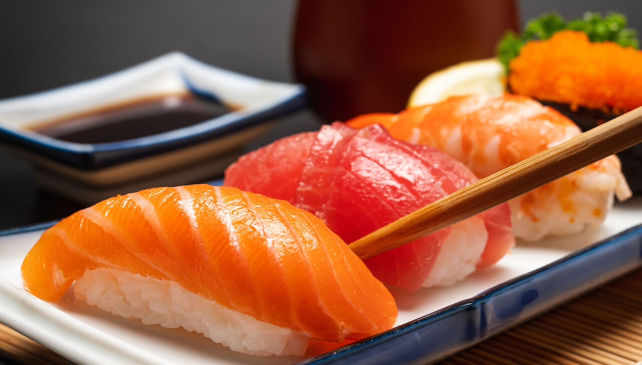 The famous Japanese sushi: Edomae or Nigiri sushi on plate.