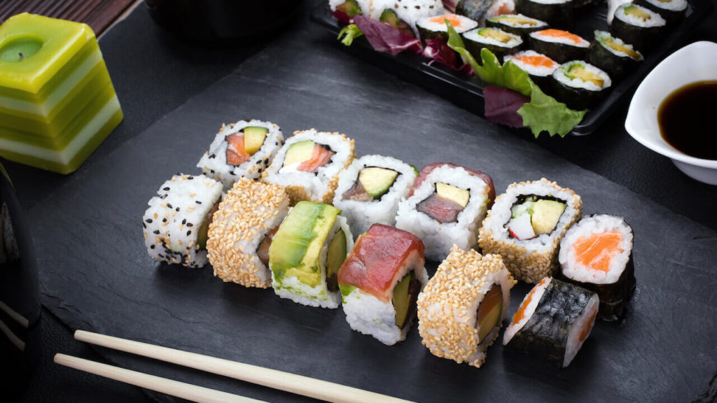 A variety of sushi rolls