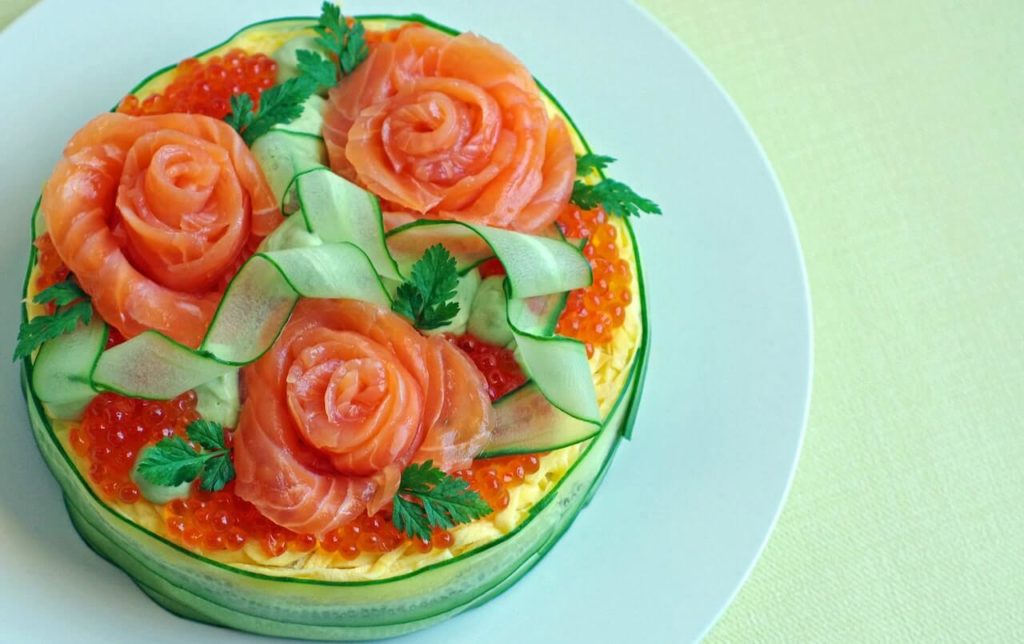 Creative sushi cake with salmon sashimi rose