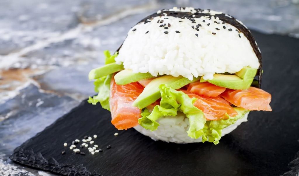 Sushi burger, rice buns instead of bread