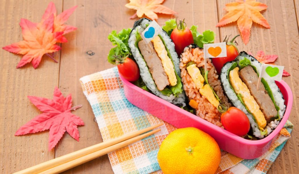 Japanese Sushi Sandwich, Onigirazu, inside a lunch's bento box