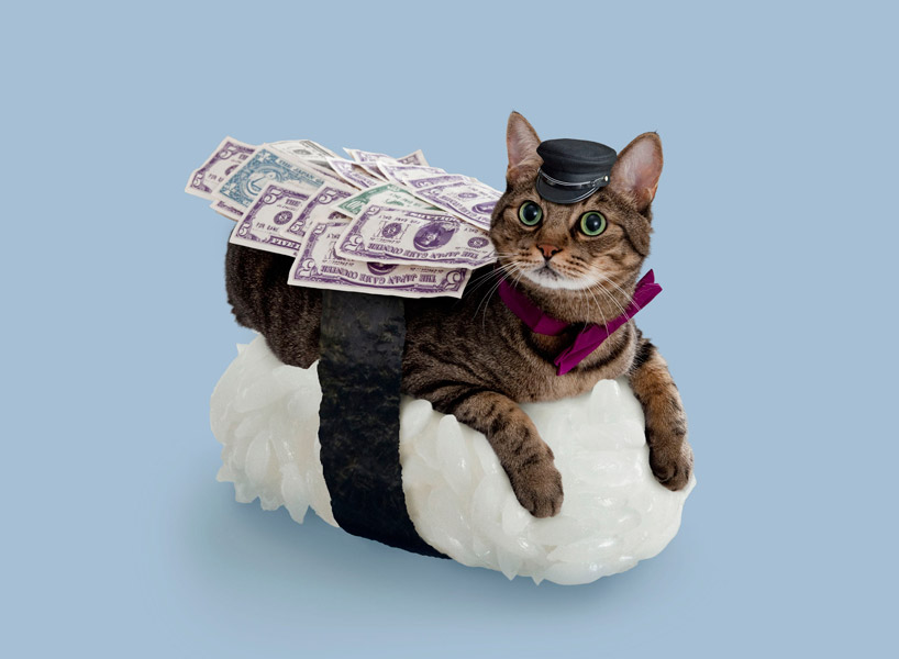 rich sushi cat with money and hat