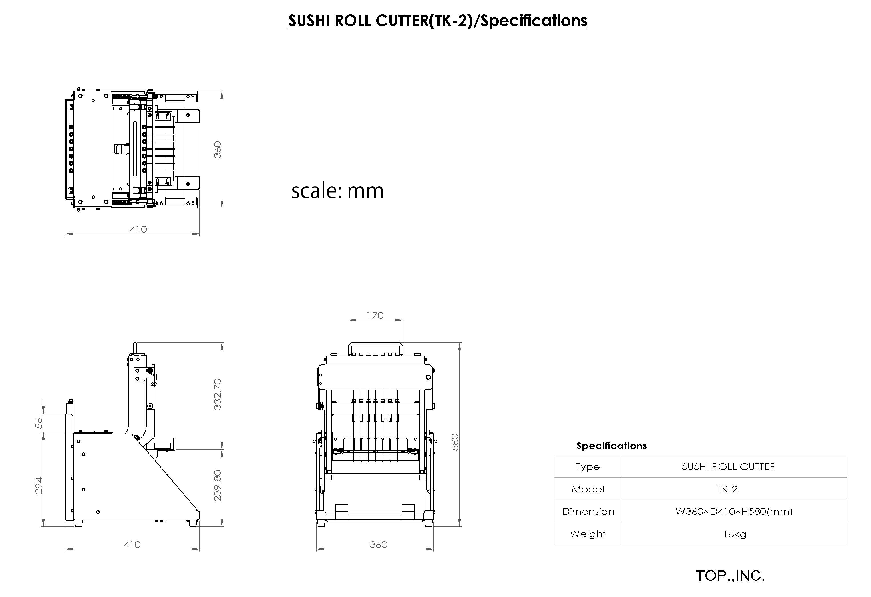 Detailed specs of the tk-2 sushi roll cutter.