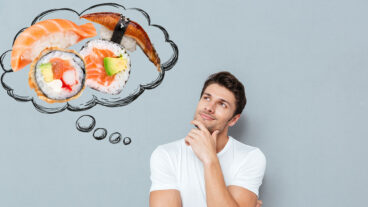 Man thinking about sushi and inventing sushi machine