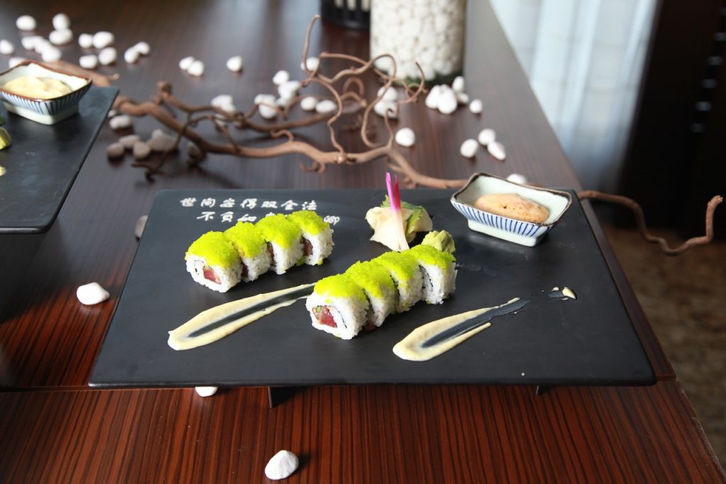 Sushi arranged beautifully on a serving plate