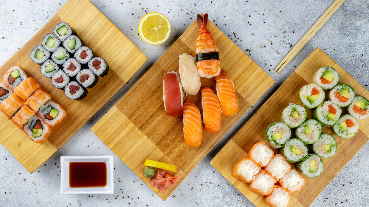 Delicious assortment of sushi that are made with sushi equipment