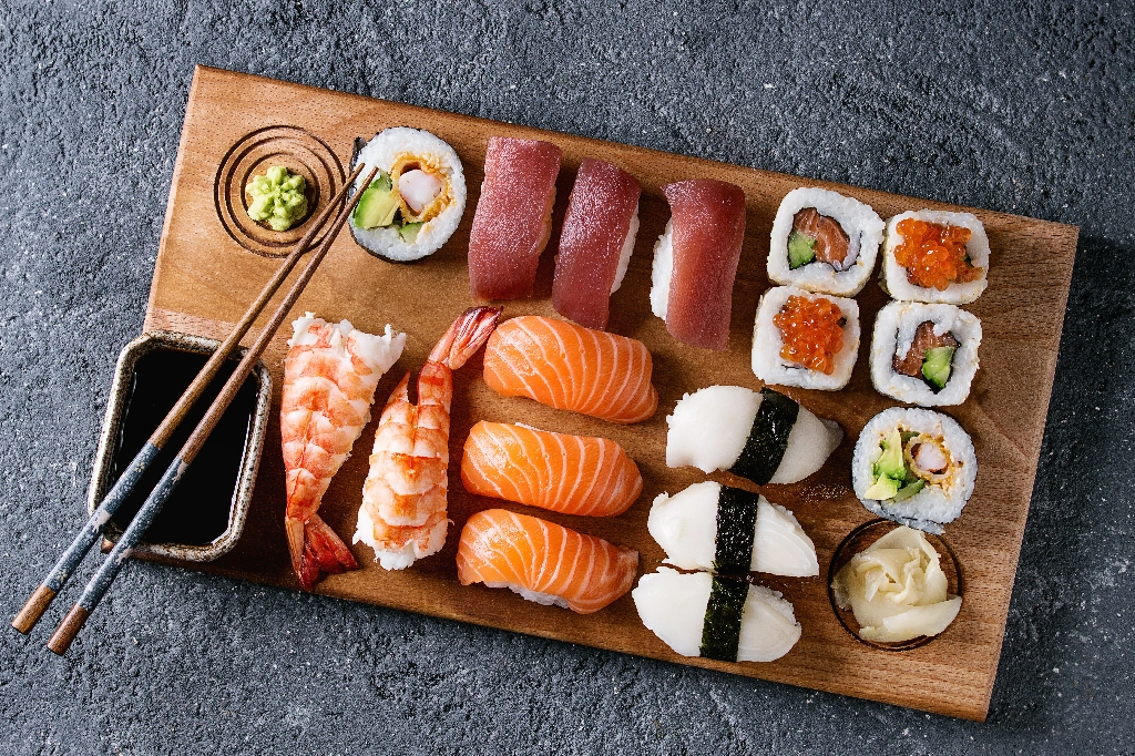 Assortment of sushi made by sushi machines